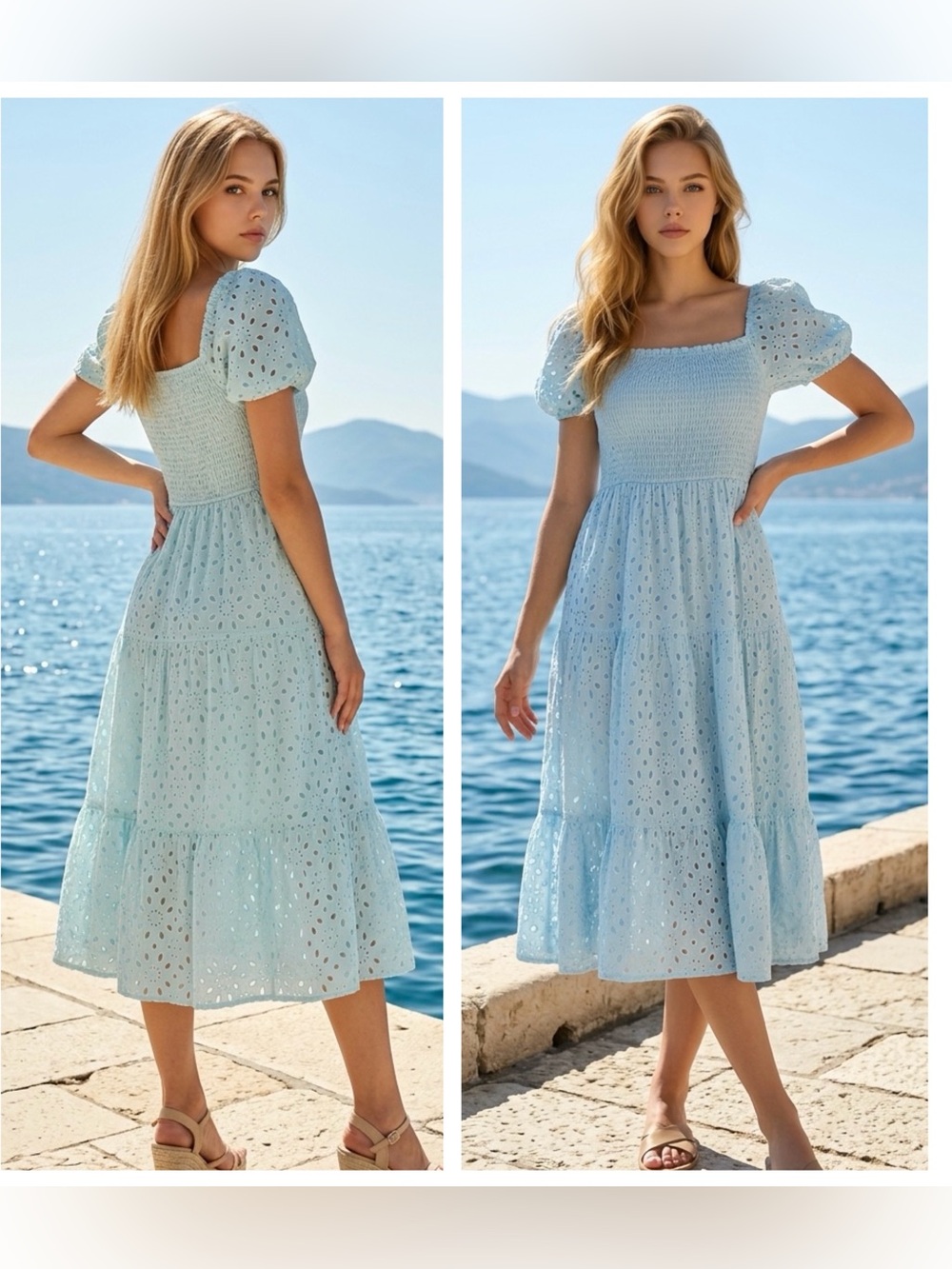 Prettygarden Women Sz XXL Smocked Square-Neck Eyelet Midi Dress in Light Blue